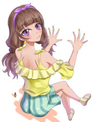 Rule 34 | amanogawa kirara, applying manicure, artist request, bare shoulders, blunt bangs, brown hair, claw pose, eyelashes, fingernails, go! princess precure, hairband, long fingernails, nail polish, painting nails, precure, sandals, shorts, simple background, sitting, solo, white background