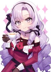 Rule 34 | 1girl, absurdres, blush, breasts, choker, claw ring, cup, dress, drill hair, gloves, hair ribbon, hairband, highres, holding, holding cup, hyakumantenbara salome, hyakumantenbara salome (1st costume), juliet sleeves, long hair, long sleeves, looking at viewer, medium breasts, meronnpannpi, nijisanji, off-shoulder dress, off shoulder, parted bangs, puffy sleeves, purple eyes, purple hair, ribbon, smile, solo, teacup, transparent background, very long hair, virtual youtuber