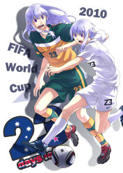 Rule 34 | 2010 fifa world cup, 2boys, australia, bad id, bad pixiv id, ball, bliss (ferment factory), grey hair, highres, jabulani, long hair, male focus, multiple boys, new zealand, personification, playing sports, purple eyes, short hair, shorts, soccer ball, world cup