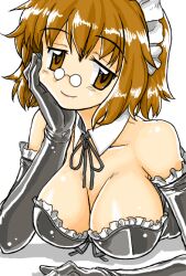 1girl bare_shoulders black_gloves black_ribbon breasts brown_eyes brown_hair cleavage closed_mouth collarbone detached_collar elbow_gloves elbow_rest frilled_gloves frills futaba_channel glasses gloves hair_between_eyes hand_on_own_cheek hand_on_own_face hand_up large_breasts lying maid_headdress mono_(moiky) neck_ribbon nemui nijiura_maids on_stomach pince-nez pink_lips ribbon short_hair simple_background smile solo third-party_source white_background