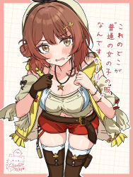 1girl alternate_costume atelier_(series) atelier_ryza beret breasts brown_eyes brown_hair cleavage collarbone cosplay gakuen_idolmaster gloves hair_ornament hanami_ume hat highres hiyoko_neneko idolmaster large_breasts looking_at_viewer medium_hair reisalin_stout reisalin_stout_(cosplay) shorts simple_background solo thick_thighs thighs translation_request