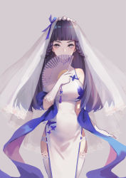 Rule 34 | 1girl, alternate costume, animal print, bare hips, black hair, blunt bangs, breasts, bridal veil, butterfly print, china dress, chinese clothes, covering own mouth, cowboy shot, dress, elbow gloves, floating hair, gloves, grey background, grey eyes, hand fan, highres, holding, holding fan, hyuuga hinata, large breasts, long hair, looking at viewer, naruto, naruto (series), nho (316784766), simple background, sleeveless, sleeveless dress, solo, standing, thighhighs, veil, very long hair, white dress, white gloves, white thighhighs