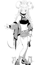 Rule 34 | 1girl, animal, animal ears, asymmetrical legwear, bare shoulders, blue archive, blush, breasts, crop top, denim, denim shorts, ear tag, fang, full body, goshiki suzu, greyscale, hair between eyes, halo, highres, jacket, jewelry, long hair, long sleeves, looking at viewer, mask, mask pull, medium breasts, midriff, monochrome, mouse (animal), mouse ears, mouse girl, mouse tail, mouth mask, multiple rings, nail polish, nezusuke (blue archive), off shoulder, open mouth, ring, saya (blue archive), saya (casual) (blue archive), shoes, short shorts, shorts, simple background, single sock, single thighhigh, socks, solo, standing, tail, thighhighs