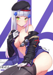 Rule 34 | 1girl, ass, bare shoulders, beret, black panties, black thighhighs, blush, bottomless, breasts, character name, cleavage, clothes pull, commentary request, cowboy shot, cross, expressionless, facepaint, german flag, girls&#039; frontline, glowing, glowing eyes, green eyes, hat, highres, hk416 (girls&#039; frontline), iron cross, jacket, jacket pull, long hair, looking at viewer, medium breasts, military jacket, no bra, off shoulder, open clothes, open jacket, panties, panty pull, pulled by self, ranyu, signature, silver hair, skindentation, solo, teardrop, thighhighs, thighs, underwear, undressing