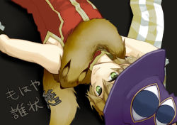 Rule 34 | 1boy, animal, animal around neck, arai 12, closed mouth, commentary request, detached sleeves, fox, green eyes, hair between eyes, hat, light brown hair, looking at viewer, male focus, professor (ragnarok online), purple hat, ragnarok online, red shirt, shirt, short hair, sleeveless, sleeveless shirt, smile, solo, striped sleeves, translation request, upper body, upside-down, white sleeves, wizard hat, yellow sleeves