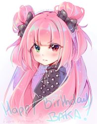 Rule 34 | 1girl, artist name, blunt bangs, blush, borrowed character, bow, commission, double bun, furrowed brow, glint, green eyes, hair bow, hair bun, happy birthday, heterochromia, hyanna-natsu, long hair, looking at viewer, looking to the side, original, pink hair, red eyes, shoulder spikes, simple background, solo, spikes, upper body, white background