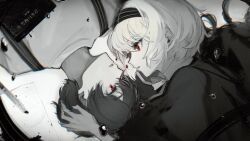 Rule 34 | 1boy, 1girl, boxcutter, collared shirt, greyscale, hairband, hand on another&#039;s head, hassan (sink916), looking at another, monochrome, neck ribbon, nisoku hokou (vocaloid), official art, parted lips, red eyes, ribbon, shirt, short hair, spot color, suspenders, upper body, vocaloid, water drop
