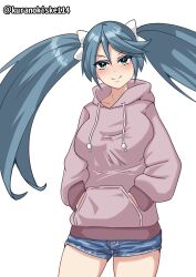 Rule 34 | 1girl, absurdres, alternate costume, blue shorts, denim, denim shorts, drawstring, green eyes, grey hair, grey sweater, hair ribbon, hands in pockets, highres, hood, hooded sweater, isuzu (kancolle), kantai collection, kurano kisuke, looking at viewer, one-hour drawing challenge, ribbon, shorts, simple background, smile, solo, sweater, twitter username, white background