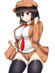 Rule 34 | 1girl, adapted costume, alternate costume, bag, black hair, black thighhighs, breasts, brown bag, brown eyes, brown hat, brown jacket, brown shorts, cabbie hat, collared shirt, commentary request, curvy, flat cap, hat, highres, isshin (sasayamakids), jacket, large breasts, long sleeves, messenger bag, necktie, open mouth, pointy ears, red necktie, shameimaru aya, shameimaru aya (newsboy), shirt, short shorts, shorts, shoulder bag, simple background, skindentation, suit jacket, textless version, thighhighs, thighs, touhou, white background, white shirt