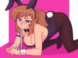 Rule 34 | 1girl, a hat in time, animal ears, bare shoulders, black leotard, blue eyes, blush, bow, bowtie, breasts, brown hair, cleavage, cuffs, detached collar, fake animal ears, hat kid, highres, large breasts, leotard, long hair, looking at viewer, pantyhose, playboy bunny, pole, ponytail, purple background, rabbit ears, rabbit tail, sidelocks, simple background, solo, strapless, strapless leotard, tail, wrist cuffs, xyronii