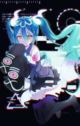 Rule 34 | 1girl, aqua hair, bare shoulders, black thighhighs, commentary, creatures (company), detached sleeves, floating, game freak, ghost, ghost miku (project voltage), glitch, gradient hair, grey shirt, hair between eyes, hatsune miku, highres, long hair, multicolored hair, necktie, nekojita (ika neko46), nintendo, pale skin, pokemon, project voltage, see-through, see-through skirt, shirt, skirt, sleeves past fingers, sleeves past wrists, solo, symbol-only commentary, thighhighs, twintails, very long hair, vocaloid, will-o&#039;-the-wisp (mythology), yellow eyes