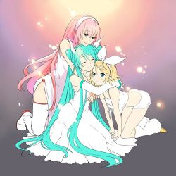 Rule 34 | 3girls, all fours, arm support, blonde hair, blue eyes, blue hair, boots, bow, butt crack, chachie, detached sleeves, dress, full body, grey eyes, hair bow, hair ornament, hairband, hairclip, hatsune miku, hug, hug from behind, kagamine rin, kneeling, leaning forward, leg warmers, long dress, long hair, long sleeves, megurine luka, multiple girls, neck ribbon, parted bangs, pink hair, ribbon, shirt, short hair, short shorts, shorts, side slit, sleeveless, sleeveless dress, sleeveless shirt, thigh boots, thighhighs, twintails, very long hair, vocaloid, white bow, white dress, white footwear, white hairband, white legwear, white ribbon, white shirt, white shorts, white sleeves