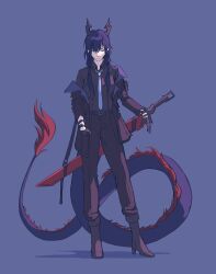 Rule 34 | 1girl, arknights, black suit, blue background, blue hair, blue necktie, boots, business suit, ch&#039;en (arknights), chi xiao (arknights), closed eyes, collared shirt, commentary, dragon, dragon girl, dragon horns, dragon tail, eastern dragon, english commentary, fabledtactician, formal, gloves, hair between eyes, highres, horns, jacket, necktie, pant suit, pants, shirt, simple background, solo, suit, suit jacket, sword, tail, weapon