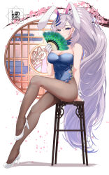Rule 34 | 1girl, absurdres, alternate costume, animal ears, artist logo, bare arms, bird, blue eyes, blue leotard, braid, breasts, bright pupils, chair, cherry blossoms, cleavage, commentary, detached collar, english commentary, falling petals, feather fan, feather hair ornament, feathers, flats, flower, folding fan, full body, gloves, grey hair, hair ornament, hand fan, highres, holding, holding fan, hololive, hololive indonesia, landacdeus, large breasts, leotard, long hair, looking at viewer, nontraditional playboy bunny, on chair, pantyhose, pavolia reine, peacock, peacock feathers, petals, pink flower, playboy bunny, rabbit ears, sitting, smile, solo, very long hair, virtual youtuber, white background, white footwear, white gloves, window, wooden chair, wrist cuffs