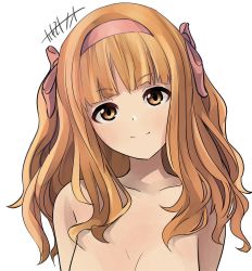 Rule 34 | 1girl, alternate hairstyle, artist name, bare shoulders, blunt bangs, breasts, cleavage, closed mouth, commentary, girls und panzer, hair ribbon, head tilt, highres, kakimoto nao, long hair, looking at viewer, medium breasts, one-hour drawing challenge, orange eyes, orange hair, pink ribbon, ribbon, signature, simple background, smile, solo, takebe saori, two side up, upper body, white background