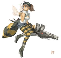 Rule 34 | 1girl, antennae, arthropod girl, bee, bee costume, bee girl, beret, blue eyes, brown hair, bug, cleavage cutout, clothing cutout, cup, dated, denim, denim shorts, drinking glass, drinking straw, gun, hat, insect, insect girl, insect wings, kare huang, original, pantyhose, pantyhose under shorts, patterned legwear, ponytail, shirt, shorts, signature, simple background, solo, standing, standing on one leg, striped clothes, striped pantyhose, thighhighs, two-tone stripes, weapon, white background, white shirt, wings