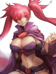Rule 34 | 1girl, arcana heart, arcana heart 3, belt, breasts, cape, cleavage, cowboy shot, detached sleeves, groin, highres, large breasts, long hair, looking at viewer, midriff, navel, red eyes, red hair, scharlachrot, short shorts, shorts, smile, solo, sowel (sk3), twintails, two side up, uneven eyes, white background