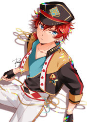 Rule 34 | 1boy, amagi hiiro, aqua shirt, bishounen, black gloves, black shirt, blue eyes, cowboy shot, cropped jacket, derivative work, dispersion (optics), drop shadow, earrings, ensemble stars!, fingerless gloves, gloves, half gloves, hat, highres, jacket, jewelry, legs apart, male focus, open clothes, open jacket, parted lips, red hair, riorrr, shirt, short hair, sideways glance, simple background, sleeves past elbows, solo, split mouth, two-tone shirt, v-neck, white background, wind