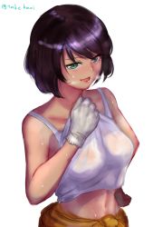 Rule 34 | 1girl, bad id, bad pixiv id, black hair, breasts, breath, clothes around waist, clothes lift, commentary, dark-skinned female, dark skin, girls und panzer, gloves, green eyes, half-closed eyes, hand on own hip, highres, hoshino (girls und panzer), jumpsuit, lips, looking at viewer, mechanic, medium breasts, navel, one-hour drawing challenge, open mouth, orange jumpsuit, see-through, shirt, shirt lift, short hair, simple background, smile, solo, standing, sweat, takefu jiin, tank top, twitter username, uniform, upper body, wet, wet clothes, wet shirt, white background, white gloves, white shirt