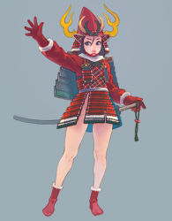 Rule 34 | 1girl, armor, black eyes, black hair, gloves, japanese armor, no panties, original, simple background, solo, sword, weapon, weno