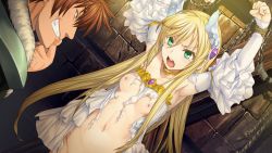 Rule 34 | 1boy, 1girl, against wall, armpits, arms up, blonde hair, bound, bound wrists, breasts, brown hair, chain, collarbone, detached sleeves, dress, game cg, grey eyes, grin, hair between eyes, long hair, long sleeves, navel, nipples, open mouth, orion (orionproject), rance, rance (series), rance ix, restrained, sheila helman, short hair, small breasts, smile, stone wall, strapless, strapless dress, torn clothes, torn dress, very long hair, wall, white dress, white sleeves