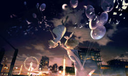 Rule 34 | 2girls, balloon, blonde hair, blue eyes, city, city lights, clone, cloud, dress, evening, falling, ferris wheel, hair ribbon, highres, holding, holding balloon, kagamine rin, lobelia (saclia), looking at another, multiple girls, night, outdoors, reaching, reaching towards viewer, ribbon, shoes, short hair, sky, smile, thighhighs, upside-down, vocaloid
