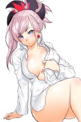 Rule 34 | 1girl, arm support, ass, blush, breasts, closed mouth, collared shirt, commentary request, dress shirt, earrings, fate/grand order, fate (series), grey eyes, hair ornament, head tilt, highres, jewelry, large breasts, legs, long sleeves, looking at viewer, miyamoto musashi (fate), naked shirt, onsoku inu, shirt, simple background, sitting, solo, white background, white shirt