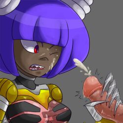 Rule 34 | 1boy, 1girl, ^^^, blood on penis, bob cut, breasts, claws, cum, dark-skinned female, dark skin, dynatron (mighty no. 9), ejaculation, erection, facial, grey background, handjob, hetero, joints, kiwikamikaze, medium breasts, mighty no. 9, no cape, non-web source, one eye closed, open mouth, penis, purple hair, red eyes, robot, robot girl, robot joints, see-through body, sharp teeth, short hair, signature, simple background, solo focus, teeth, uncensored, upper body, very dark skin