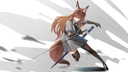Rule 34 | 1girl, animal ear fluff, animal ears, arknights, black footwear, brown gloves, brown hair, brown tail, brown thighhighs, closed mouth, collared shirt, dodging, elbow gloves, expressionless, fox ears, fox girl, fox tail, franka (arknights), full body, gloves, grey background, grey shirt, grey skirt, hair between eyes, highres, holding, holding sword, holding weapon, jumping, lanyard, long hair, looking to the side, puffy short sleeves, puffy sleeves, rapier, scabbard, sentou kouhei kitsune, sheath, shirt, shoes, short sleeves, sketch background, skirt, skirt set, solo, strap, sword, tail, thighhighs, unsheathed, weapon, white background, yellow eyes