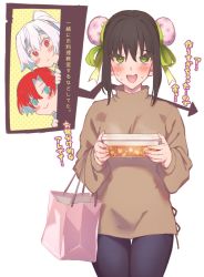 Rule 34 | 3girls, bag, black hair, blue eyes, blush, boudica (fate), brown sweater, casual, commentary, denim, double bun, fate/grand order, fate (series), food, green eyes, hair bun, highres, jeans, mitsurugi sugar, multiple girls, pants, paper bag, qin liangyu (fate), red eyes, red hair, sweater, tomoe gozen (fate), translation request, white hair