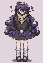 Rule 34 | 1girl, :d, @ @, ahoge, alternate costume, bow, commentary request, creatures (company), dress, game freak, gen 7 pokemon, hair between eyes, hair bow, headdress, heart, hex maniac (pokemon), highres, holding, holding pokemon, kopeniko, long sleeves, looking at viewer, mimikyu, nintendo, open mouth, own hands together, pokemon, pokemon (creature), pokemon xy, purple bow, shoes, smile, socks, standing