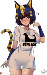 Rule 34 | 1girl, ?, animal crossing, animal ears, animal print, ankha (animal crossing), blush, breasts, cat ears, cat tail, fang, grey background, grey shirt, highres, nekobox, nintendo, sea lion, see-through silhouette, shiny skin, shirt, short hair, short sleeves, signature, simple background, solo, tail, white background