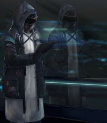 Rule 34 | 1other, absurdres, arknights, black jacket, blouse, doctor (arknights), highres, holding, hood, hood up, hooded jacket, jacket, masked, reading, reflection, shirt, teracy (nwuh7433), white shirt, window