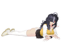 Rule 34 | 1girl, absurdres, ahoge, ass, bandaid, bandaid on arm, bandaid on neck, black hair, black skirt, breasts, claws, collarbone, commentary, english commentary, full body, grey hair, hair over one eye, highres, large breasts, long hair, long sleeves, long tongue, looking at viewer, lying, mole, mole on breast, mr tangsuyuk, multicolored hair, on stomach, one eye covered, original, panties, pleated skirt, red eyes, shirt, shoes, simple background, skirt, sleeves rolled up, sneakers, solo, thighhighs, tongue, two-tone hair, underwear, vest, wavy mouth, white background, white panties, white shirt, white thighhighs, wristband, yellow vest