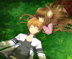 Rule 34 | 1boy, 1girl, black shirt, braid, brown hair, closed eyes, collarbone, covered mouth, flower, fuyuichi, grass, hair flower, hair ornament, hood, hoodie, jacket, kanbe kotori, key (company), light blush, long hair, long sleeves, lying, on back, on stomach, open clothes, open jacket, open mouth, parted lips, pink hoodie, plaid, plaid skirt, rewrite, shirt, skirt, sleeping, tennouji kotarou, white jacket