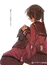 Rule 34 | 10s, 2girls, black hair, bow, brown hair, clothes grab, from behind, hair bow, hand on another&#039;s head, kantai collection, long hair, mikuma (kancolle), mogami (kancolle), multiple girls, personification, school uniform, serafuku, short hair, skirt, tadano kagekichi, translation request, twintails