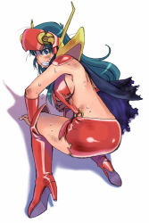 Rule 34 | 1990s (style), 1girl, all fours, ass, back, bare back, blush, boots, cape, clenched teeth, from behind, genji tsuushin agedama, green eyes, green hair, head-mounted display, high heel boots, high heels, kuki rei, long hair, matching hair/eyes, miniskirt, no bra, o-ring, ramb chop, red footwear, red skirt, retro artstyle, revealing clothes, simple background, skirt, solo, sweat, teeth, thigh boots, thighhighs, torn clothes, torn skirt, white background