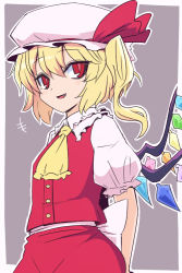Rule 34 | 1girl, arms behind back, ascot, blonde hair, border, buttons, crystal, fang, flandre scarlet, grey background, hair between eyes, hat, hat ribbon, looking at viewer, medium hair, mob cap, open mouth, puffy short sleeves, puffy sleeves, red eyes, red ribbon, red skirt, red vest, ribbon, shio (futatsumami), shirt, short sleeves, side ponytail, simple background, skirt, smile, solo, standing, touhou, vest, white border, white hat, white shirt, wings, yellow ascot