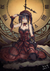 Rule 34 | 1girl, absurdres, asymmetrical hair, bad-old-driver, bare shoulders, black hair, black pantyhose, breasts, cleavage, clock, clock eyes, commentary request, date a live, dated, detached collar, detached sleeves, female focus, full body, gothic lolita, grin, gun, gun to head, hair in own mouth, hairband, heterochromia, highres, holding, holding gun, holding weapon, kneeling, lolita fashion, lolita hairband, long hair, looking at viewer, medium breasts, painttool sai, pantyhose, pointing, pointing at self, red eyes, rifle, roman numeral, smile, solo, symbol-shaped pupils, thighhighs, tokisaki kurumi, twintails, weapon, yellow eyes