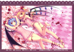 Rule 34 | 2girls, absurdres, ankle lace-up, arms up, ass, bare legs, barefoot, bat wings, blonde hair, camisole, checkered floor, chemise, cross-laced footwear, feet, female focus, flandre scarlet, flat chest, floor, flower, highres, light purple hair, lying, multiple girls, nightgown, on back, one eye closed, panties, petals, red eyes, remilia scarlet, ribbon, rose, sayori (neko works), short hair, siblings, side ponytail, sisters, soles, striped clothes, striped panties, toes, tongue, touhou, underwear, underwear only, wings, wink
