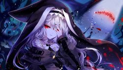 Rule 34 | 1girl, arknights, black dress, black nails, covering one eye, dress, habit, hair between eyes, highres, jewelry, light particles, long hair, looking at viewer, nail polish, nun, off shoulder, pendant, red eyes, shark, sheya, shirt, silver hair, solo, specter (arknights), upper body, water drop, white shirt
