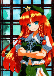 Rule 34 | 1girl, :d, bad id, bad pixiv id, beret, black bow, black ribbon, blue eyes, bow, braid, breasts, collared shirt, crossed arms, frilled shirt, frills, green hat, green shirt, green skirt, hair bow, hat, hong meiling, long hair, looking at viewer, medium breasts, navel, neck ribbon, open mouth, puffy short sleeves, puffy sleeves, qqqrinkappp, red hair, ribbon, shirt, short sleeves, skirt, smile, solo, standing, star (symbol), touhou, traditional media, twin braids, very long hair