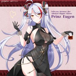 Rule 34 | antenna hair, azur lane, black choker, black dress, black gloves, breasts, character name, choker, cleavage, cleavage cutout, clothing cutout, commentary request, cross, dress, drink, gloves, grey hair, hair ornament, hair ribbon, heart, hebitsukai-san, highres, holding, holding drink, iron cross, large breasts, long hair, mole, mole on breast, multicolored hair, pink background, prinz eugen (azur lane), prinz eugen (cordial cornflower) (azur lane), red hair, ribbon, side slit, smile, solo, streaked hair, two side up, yellow eyes