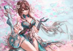 Rule 34 | 1girl, absurdres, bare shoulders, breasts, brown hair, cherry blossoms, cleavage, flower, gloves, green eyes, hair flower, hair ornament, hand up, highres, holding, holding instrument, honkai: star rail, honkai (series), instrument, large breasts, long hair, looking at hand, meowmeowgirl, midriff, navel, partially shaded face, ruan, ruan mei (honkai: star rail), sitting, solo, thighs