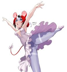 Rule 34 | 1girl, animal ears, ballerina, ballet, ballet slippers, black hair, blue eyes, cleavage cutout, clothing cutout, dasdokter, dress, hakos baelz, highres, hololive, hololive english, leotard, mouse ears, mouse girl, mouse tail, multicolored hair, pantyhose, red hair, simple background, solo, streaked hair, tail, tutu, virtual youtuber, white background, white hair