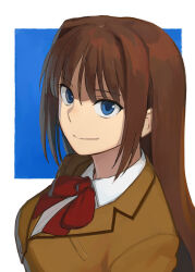 Rule 34 | 1girl, aozaki aoko, b suke, blue eyes, bow, bowtie, breasts, brown hair, brown jacket, closed mouth, collared shirt, highres, jacket, long hair, looking at viewer, mahou tsukai no yoru, medium breasts, portrait, red bow, red bowtie, school uniform, shirt, sidelocks, simple background, smile, solo, white shirt