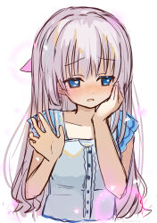 Rule 34 | 1girl, absurdres, blue dress, blue eyes, blunt ends, blush, canaca chiyuri, center frills, colored eyelashes, commentary, dress, embarrassed, frills, hair between eyes, hand on own chest, hand up, heart, highres, long hair, looking to the side, naruse shiroha, nose blush, open hand, open mouth, short sleeves, sidelocks, simple background, sketch, solo, summer pockets, twitter username, upper body, very long hair, wavy mouth, white background, white hair