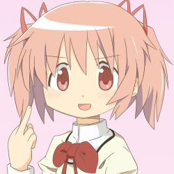 Rule 34 | &gt;:d, 1girl, :d, bow, hair ribbon, hidamari sketch, highres, kaname madoka, mahou shoujo madoka magica, mahou shoujo madoka magica (anime), middle finger, open mouth, out of character, parody, pink background, pink eyes, pink hair, ribbon, school uniform, short hair, short twintails, simple background, smile, solo, temo, twintails, v-shaped eyebrows