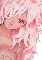 Rule 34 | 1girl, alto (natsusansai), breasts, commentary, covering privates, covering breasts, crimson-masked saiyan, dragon ball, dragon ball heroes, eyebrows hidden by hair, genderswap, genderswap (mtf), goku black, hair over one eye, highres, large breasts, nude, parted lips, pink hair, red eyes, signature, solo, super saiyan, super saiyan rose, upper body
