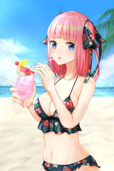 Rule 34 | 1girl, bad id, bad pixiv id, beach, bikini, black bikini, blue eyes, blunt bangs, blush, breasts, commentary request, cup, day, drinking glass, drinking straw, floral print, glass, go-toubun no hanayome, hair ornament, hair ribbon, highres, large breasts, large hands, long hair, looking at viewer, nakano nino, ocean, outdoors, pink hair, ribbon, solo, swimsuit, toffee paint